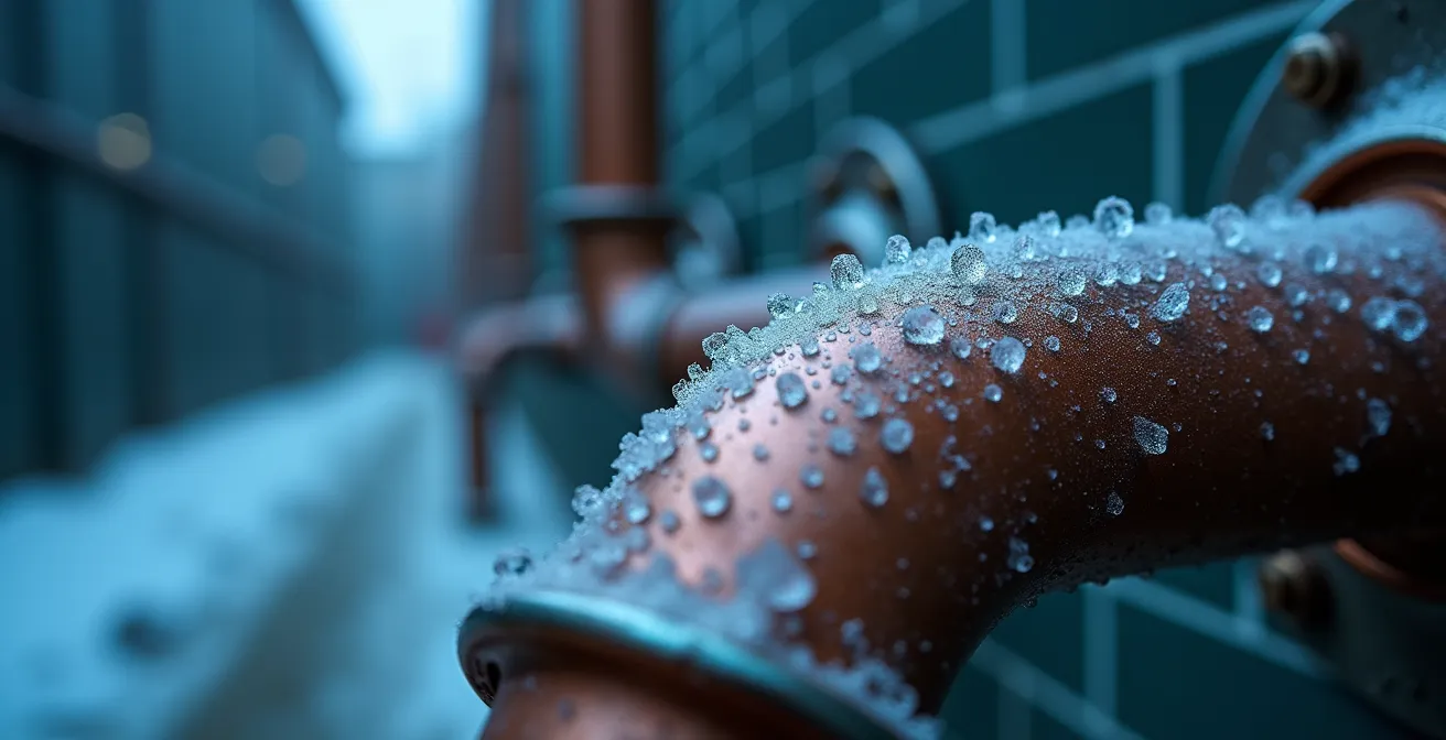 Détail macro d'un tuyau métallique avec formation de givre lors du cycle gel-dégel hivernal