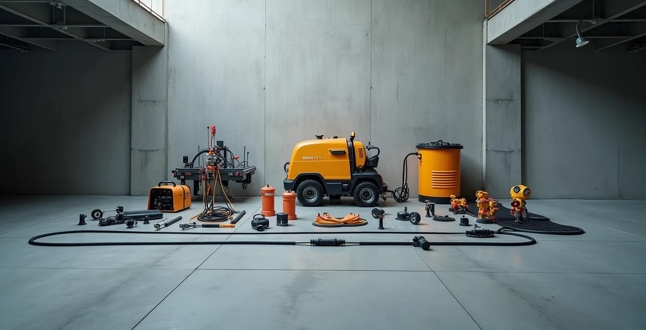 Espace de travail organisé montrant l'équipement professionnel de débouchage de drain